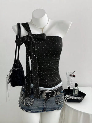 Polka Dot One-shoulder Cami in Black