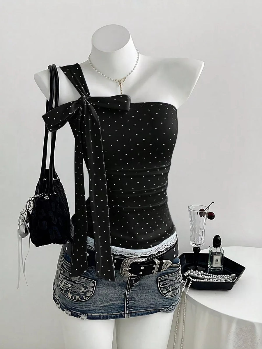 Polka Dot One-shoulder Cami in Black
