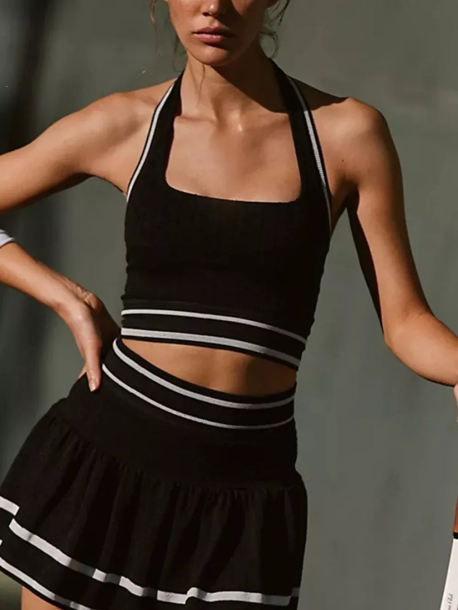 Black Halter Neck Tank And Skirt Active Set