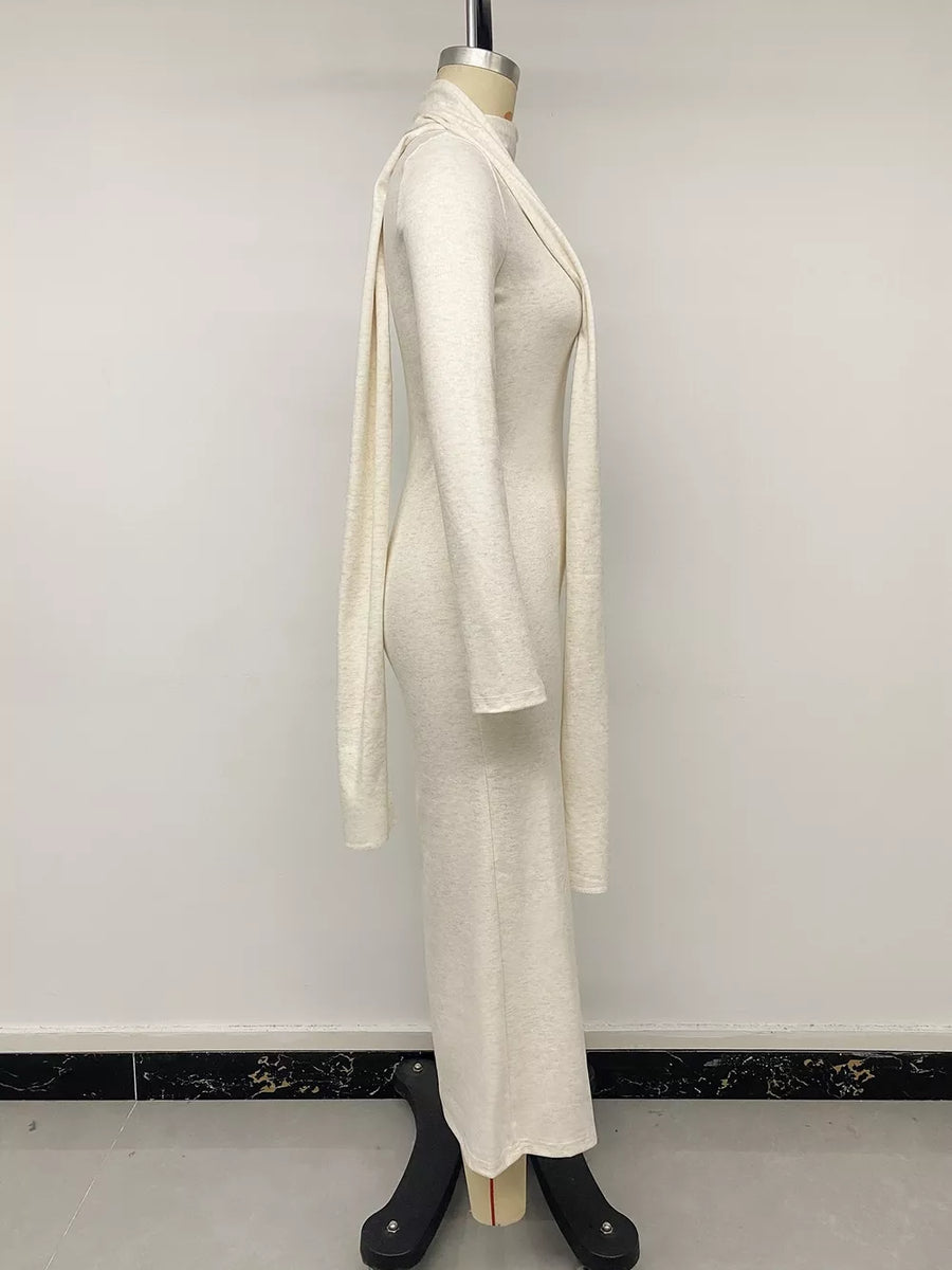 Round Neck Maxi Knit Dress With Scarf in ivory