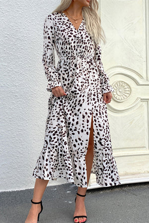 dark brown midi dress featuring ruffled and dalmatian-print
