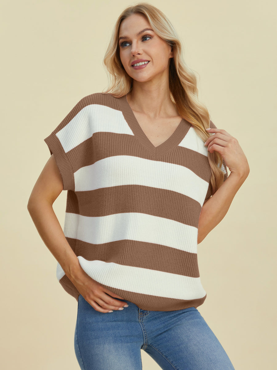 Camel and white striped knit cap-sleeve top with V-neck