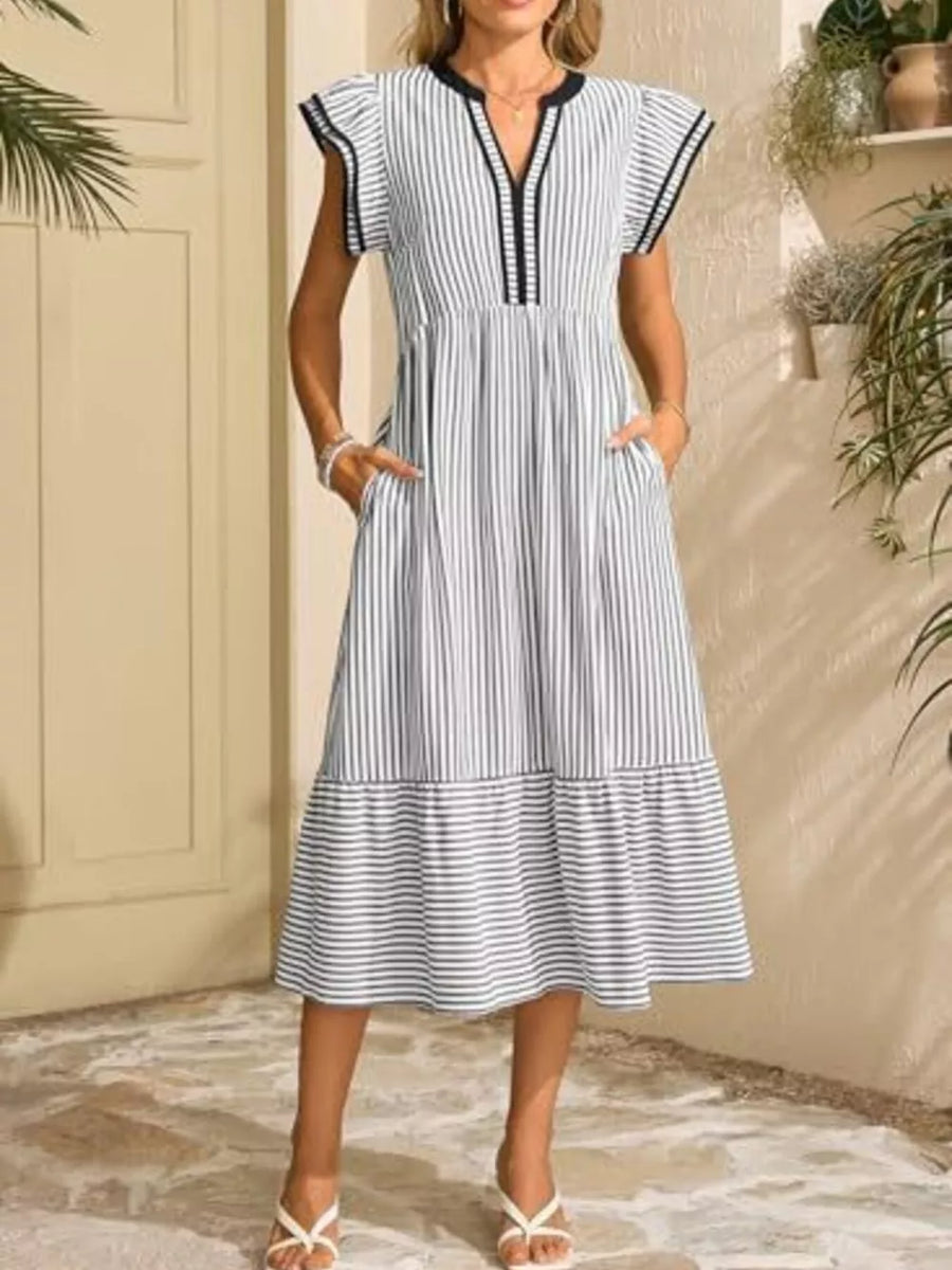 Striped midi dress with notched V-neck, ruffle sleeves, and tiered hem.