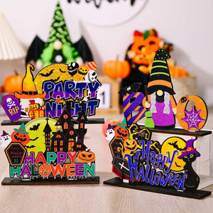 Spooky Scene Halloween tabletop decorations with gnomes, pumpkins, and "Happy Halloween" text.