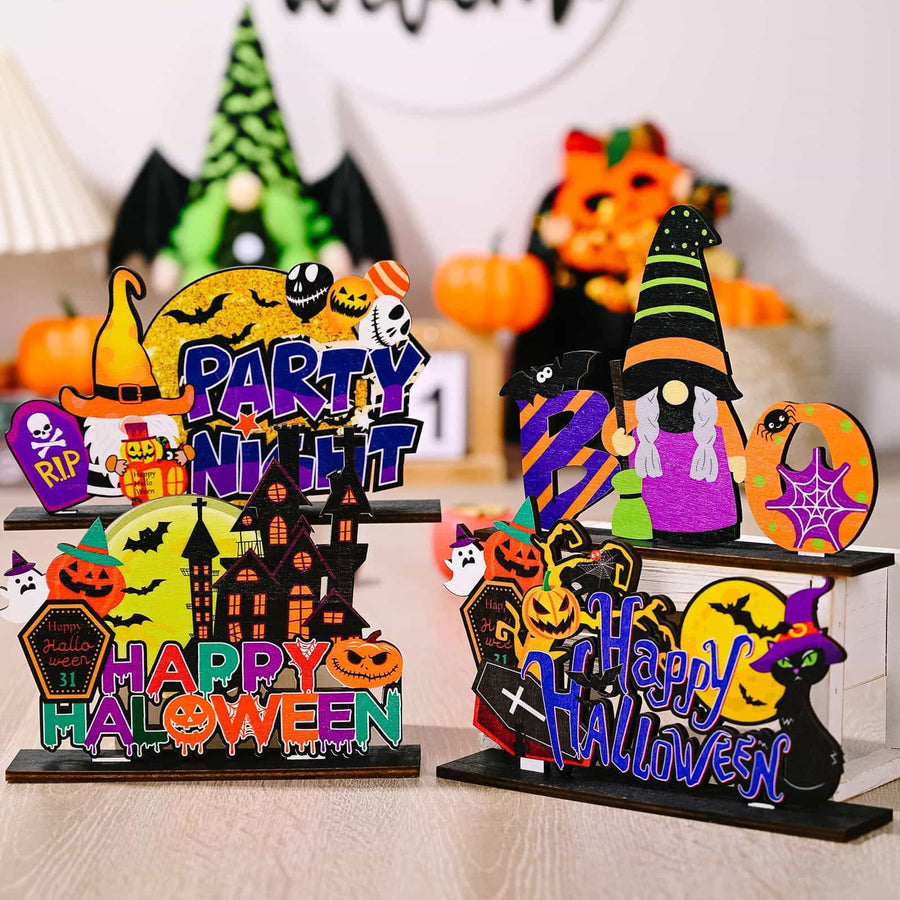 Spooky Scene Halloween tabletop decorations with gnomes, pumpkins, and "Happy Halloween" text.