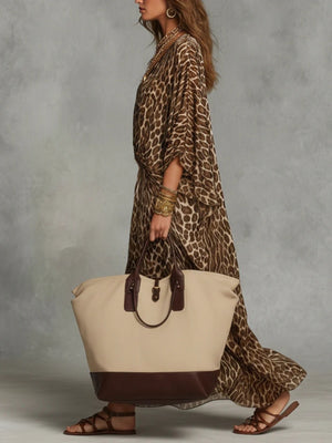 maxi dress in Brown with leopard and v-neck