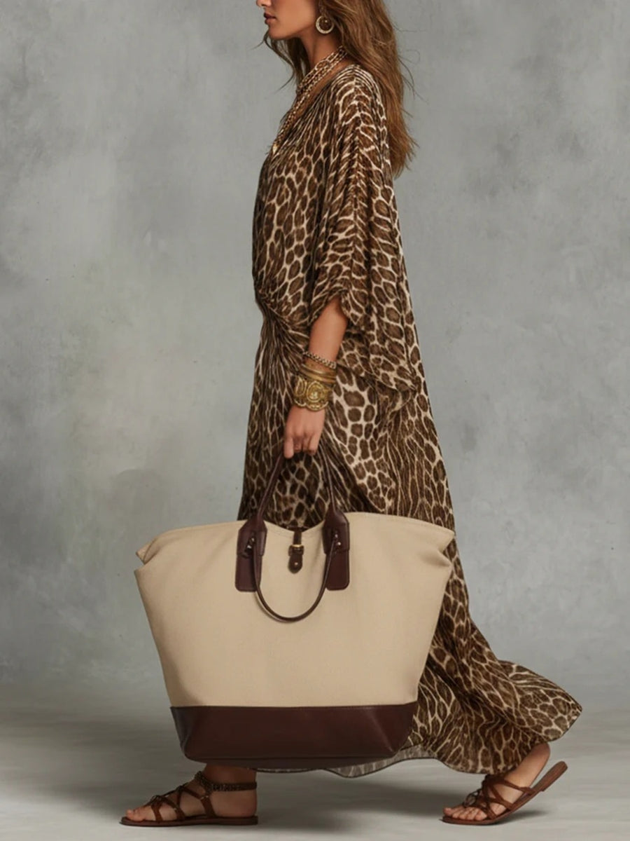 maxi dress in Brown with leopard and v-neck