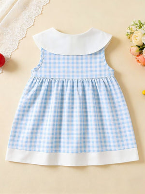 Sky blue gingham toddler dress with white Peter Pan collar and hem