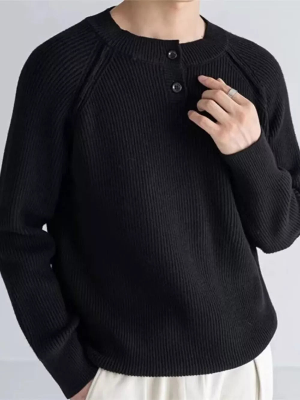 Grey Men's Plus Size Ribbed Raglan Sleeve Knit Top