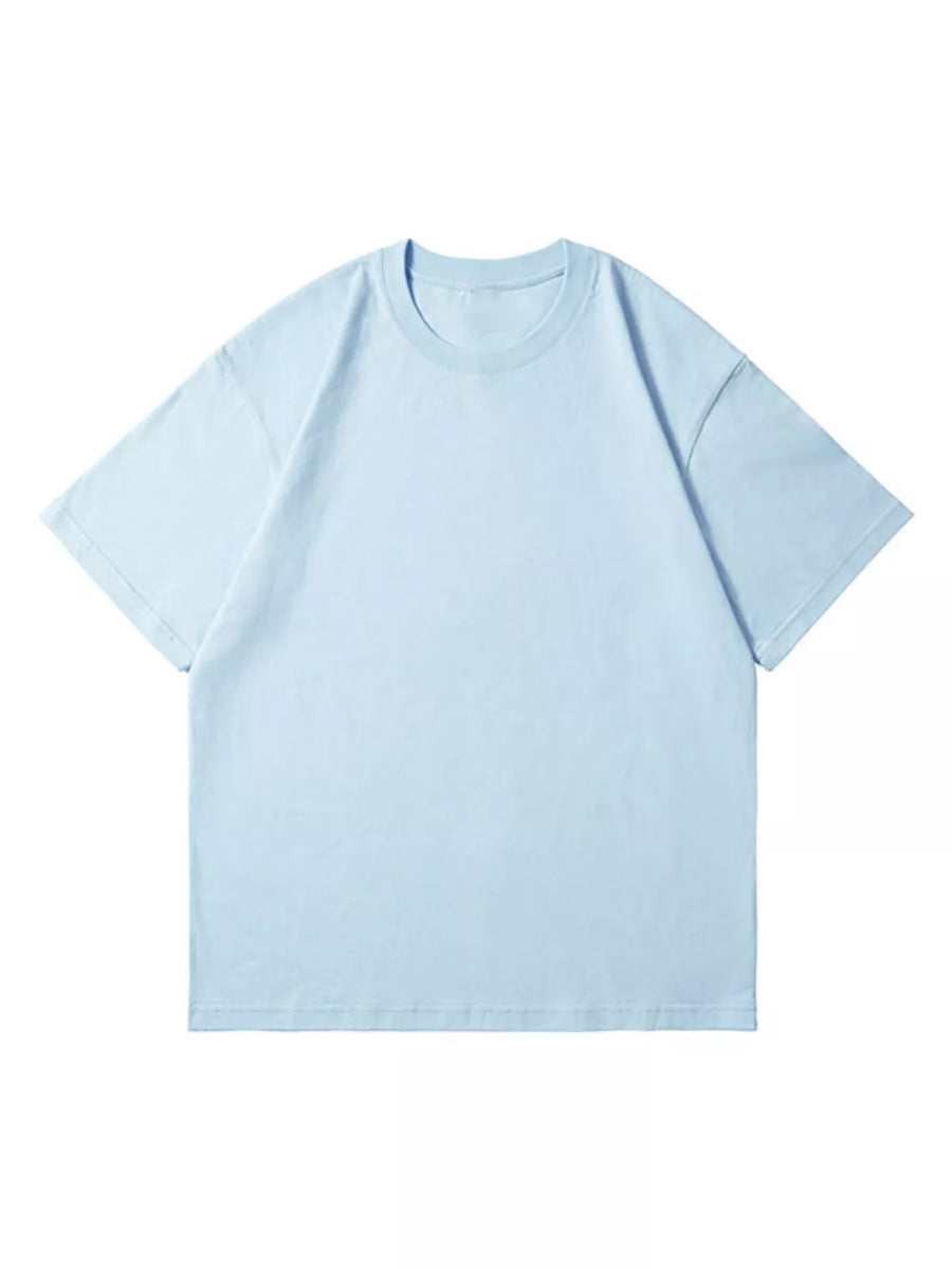 Light blue 100% cotton crew neck t-shirt with short sleeves.