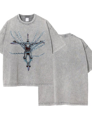 Gray acid wash oversized graphic tee with knight and chain print
