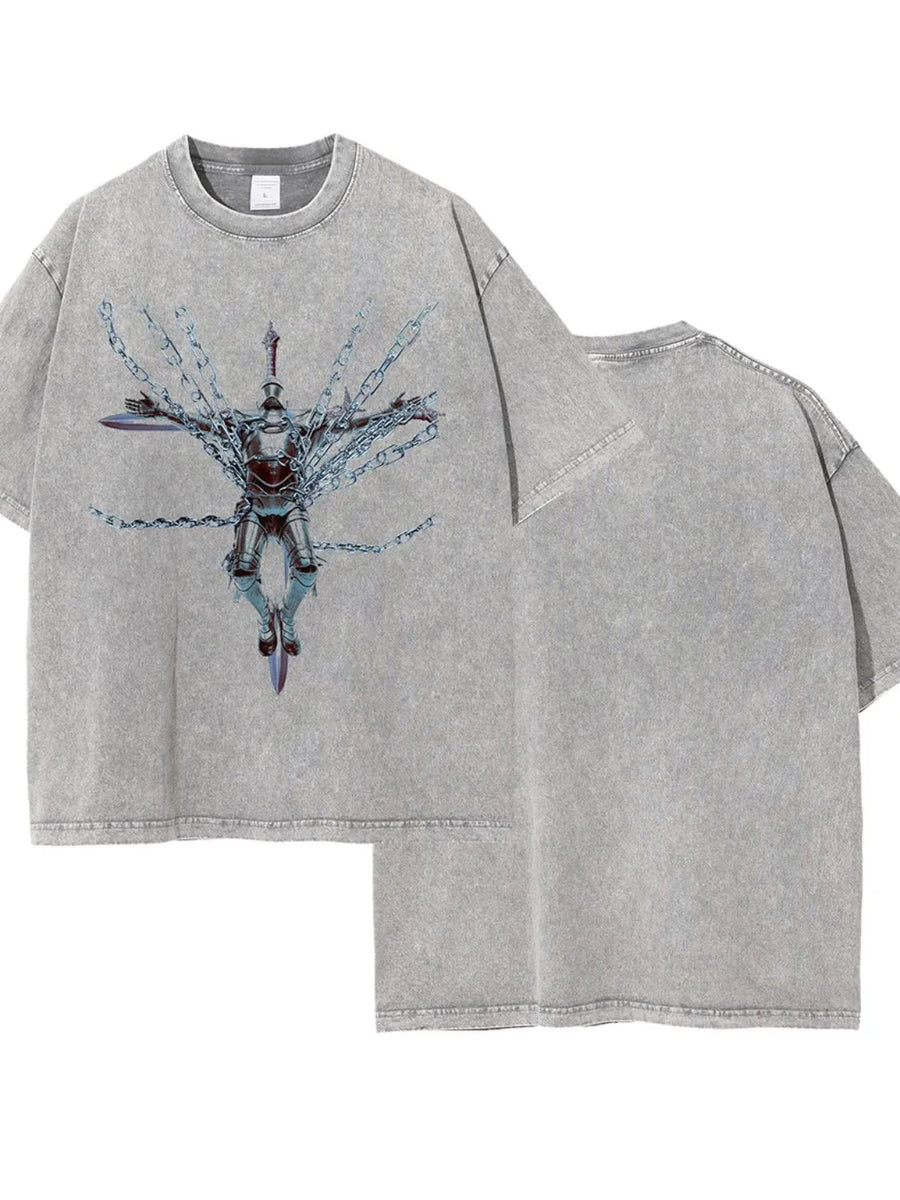 Gray acid wash oversized graphic tee with knight and chain print