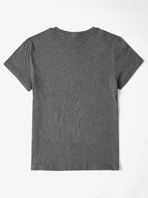 Dark Gray heathered t-shirt with crew neck and short sleeves.