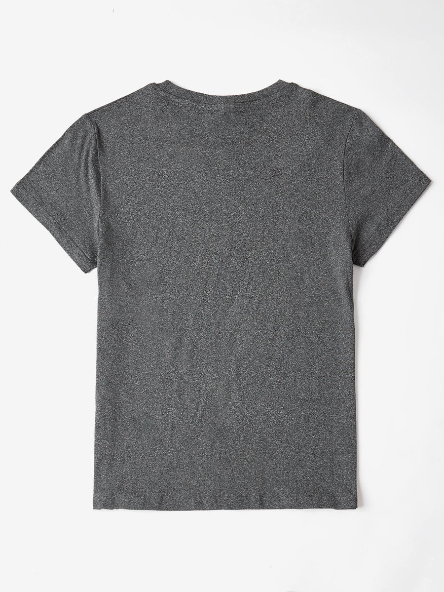 Dark Gray heathered t-shirt with crew neck and short sleeves.