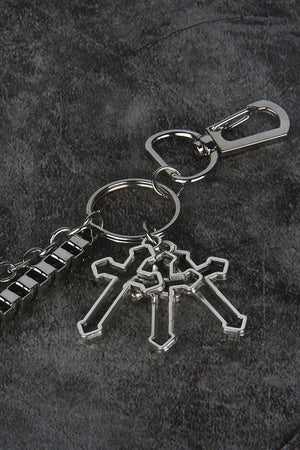 Silver geometric chain waist accessory with three crossed cross charms and a lobster clasp.