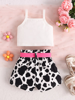 Baby cow print tank top and shorts set with pink belt detail.