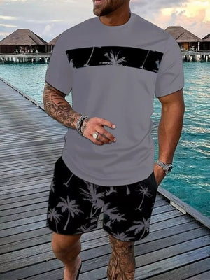 Red Men's Tropical Palm Tree Tee And Shorts Set