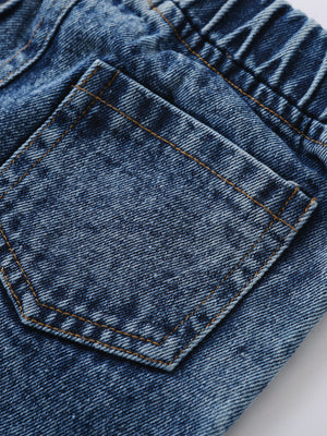 Toddler blue denim jeans with elastic waistband and back pocket detail.