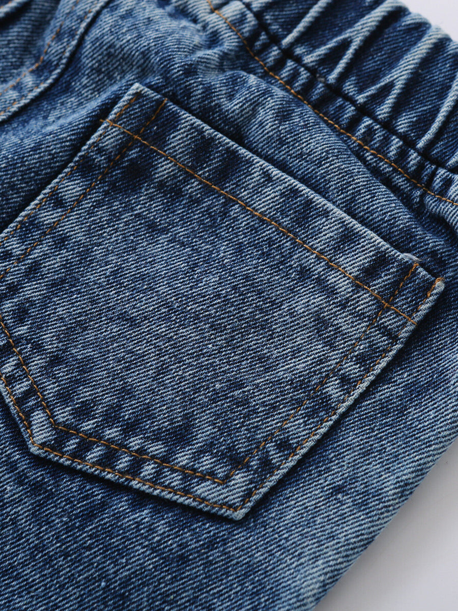 Toddler blue denim jeans with elastic waistband and back pocket detail.