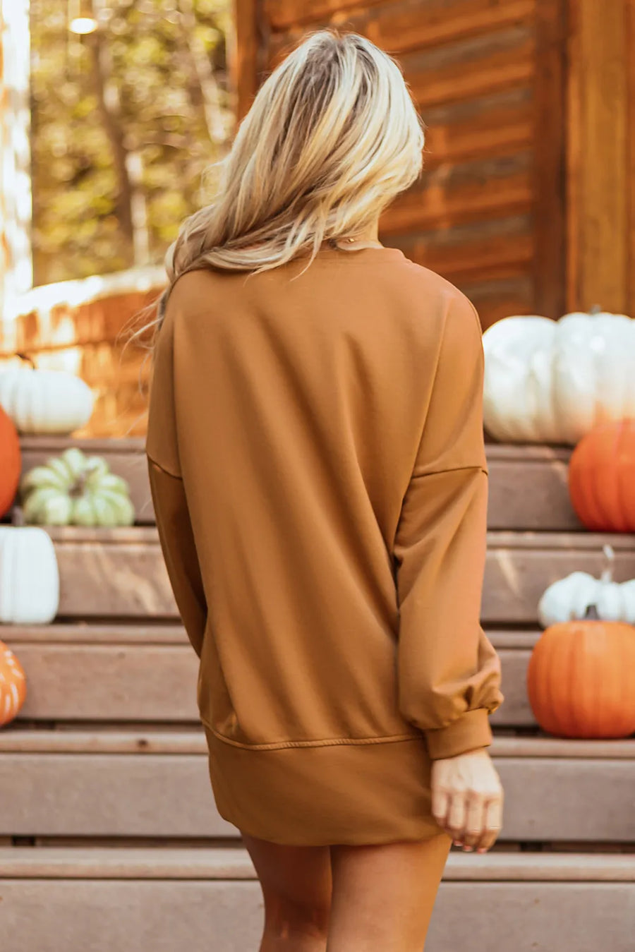 Caramel graphic sweatshirt with slit hem and crew neck, cozy casual style.