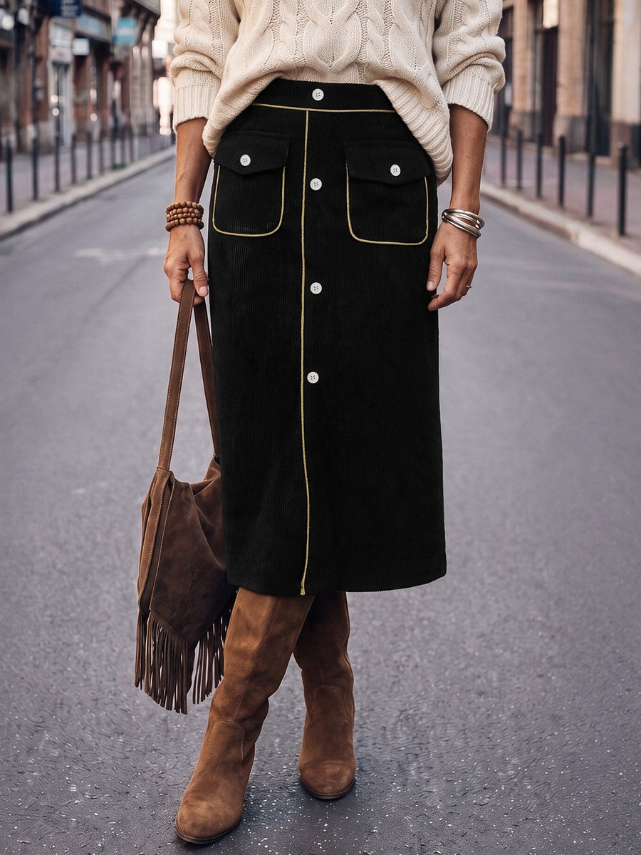 100% polyester Care instructions: Machine wash cold midi skirt in Black with straight silhouette