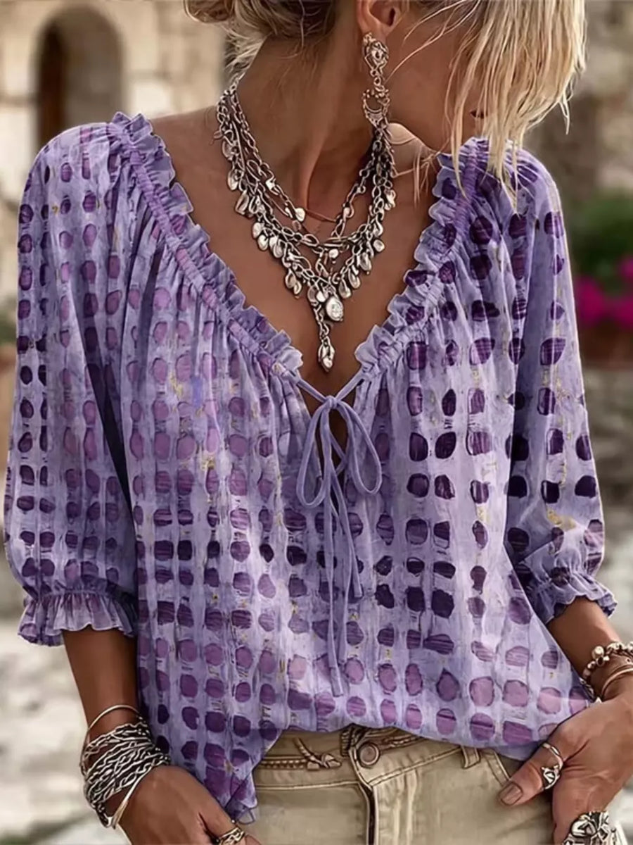 Purple Full Size Tie Neck 3/4 Sleeve Blouse Plus Size