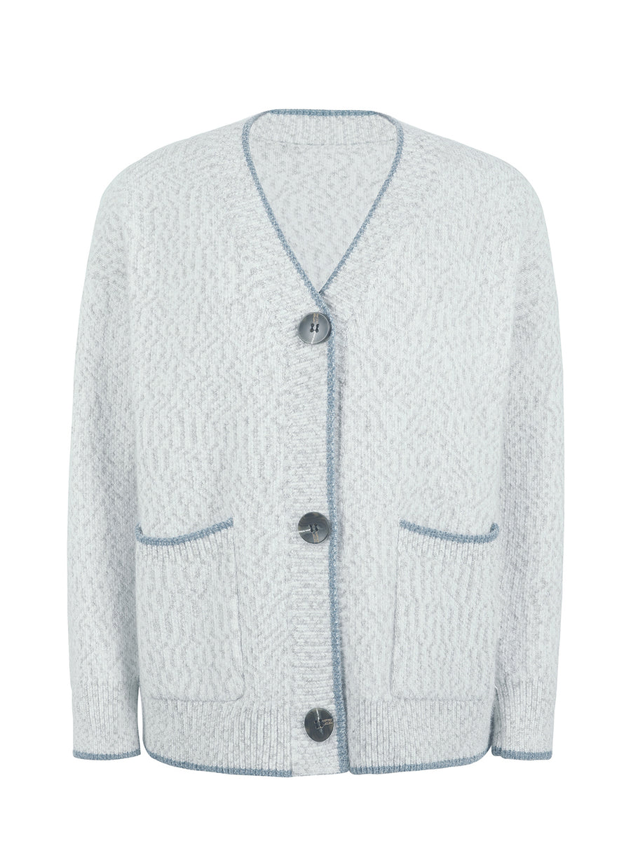 Light Gray textured knit cardigan with contrast trim and pockets.