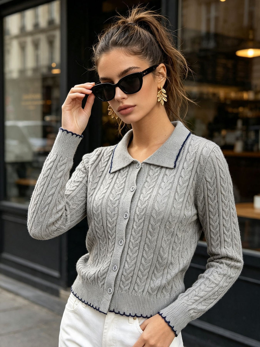 light gray cardigan with cable knit and collared