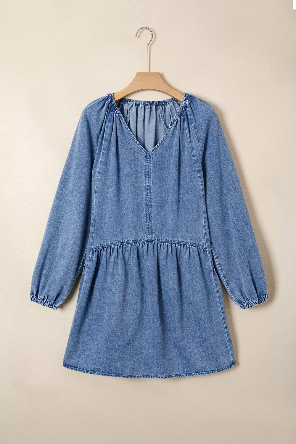 Dusty Blue loose mini dress with v-neck