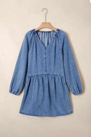 Dusty Blue loose mini dress with v-neck