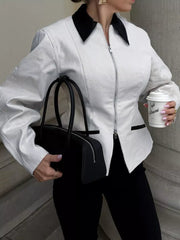 cream zip-up jacket with hip-length and zip-front