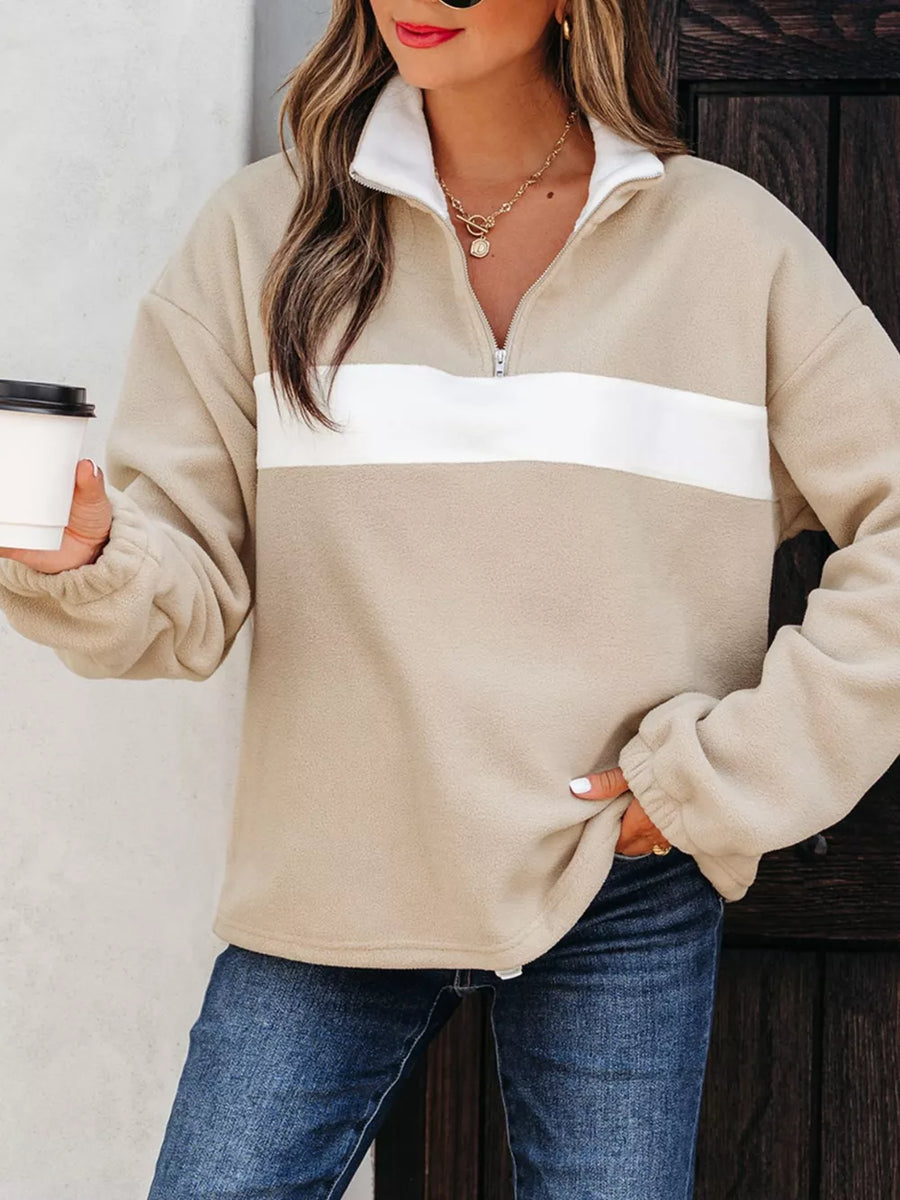 Fleece Colorblock Patchwork Zipped Neck Pullover in Khaki