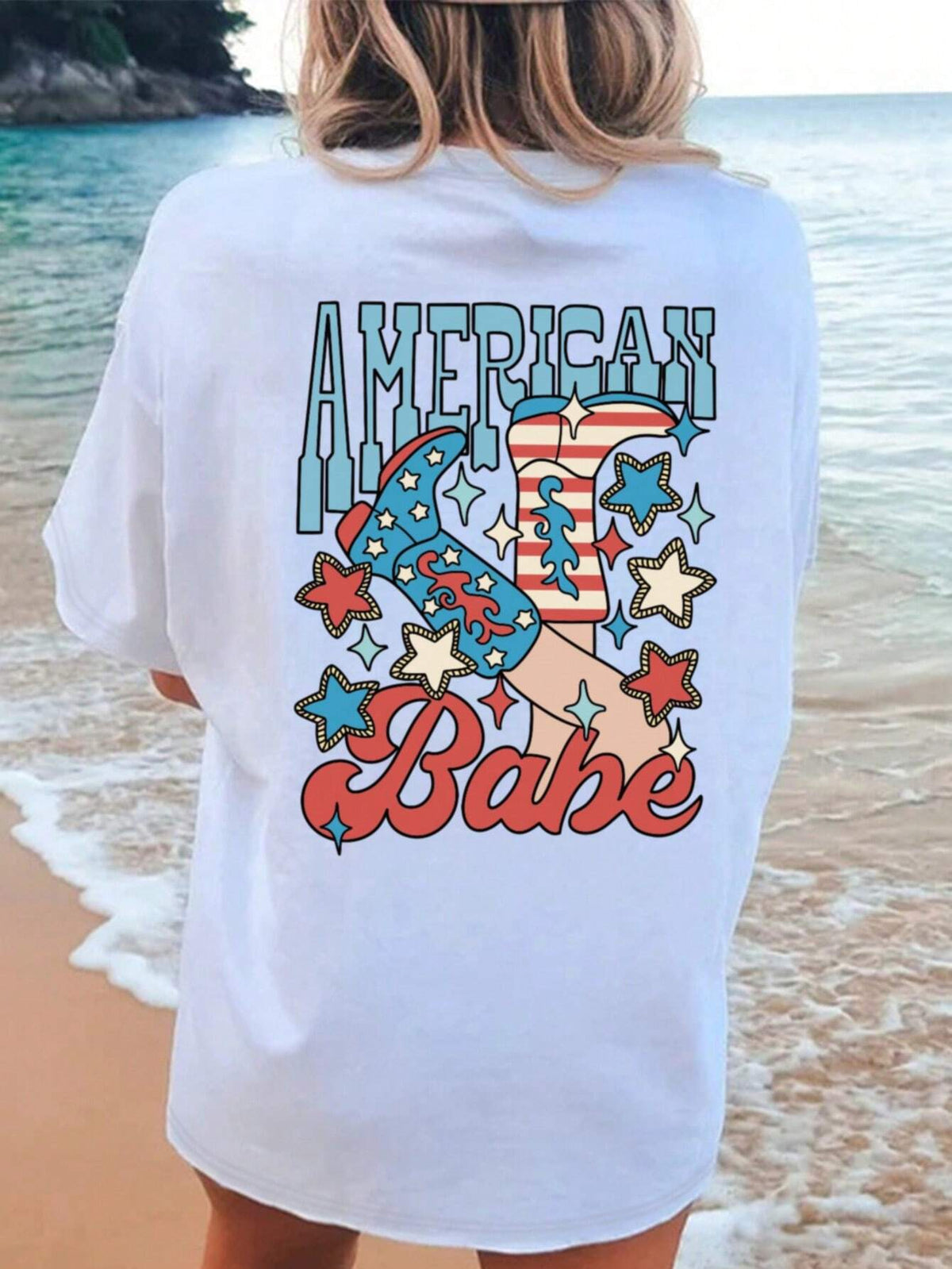 White graphic tee with American Babe cowboy boot and stars design