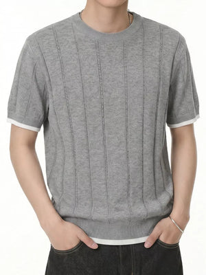 Grey knit t-shirt with crew neck, short sleeves and contrast white cuffs.