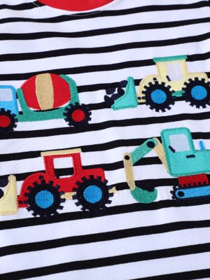 Baby black and white striped tee with construction vehicle applique design.