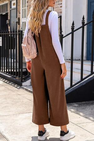 Brown Corduroy Wide-leg Overalls With Pockets