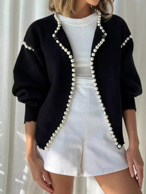 White Pearl Trimmed Open Front Cardigan