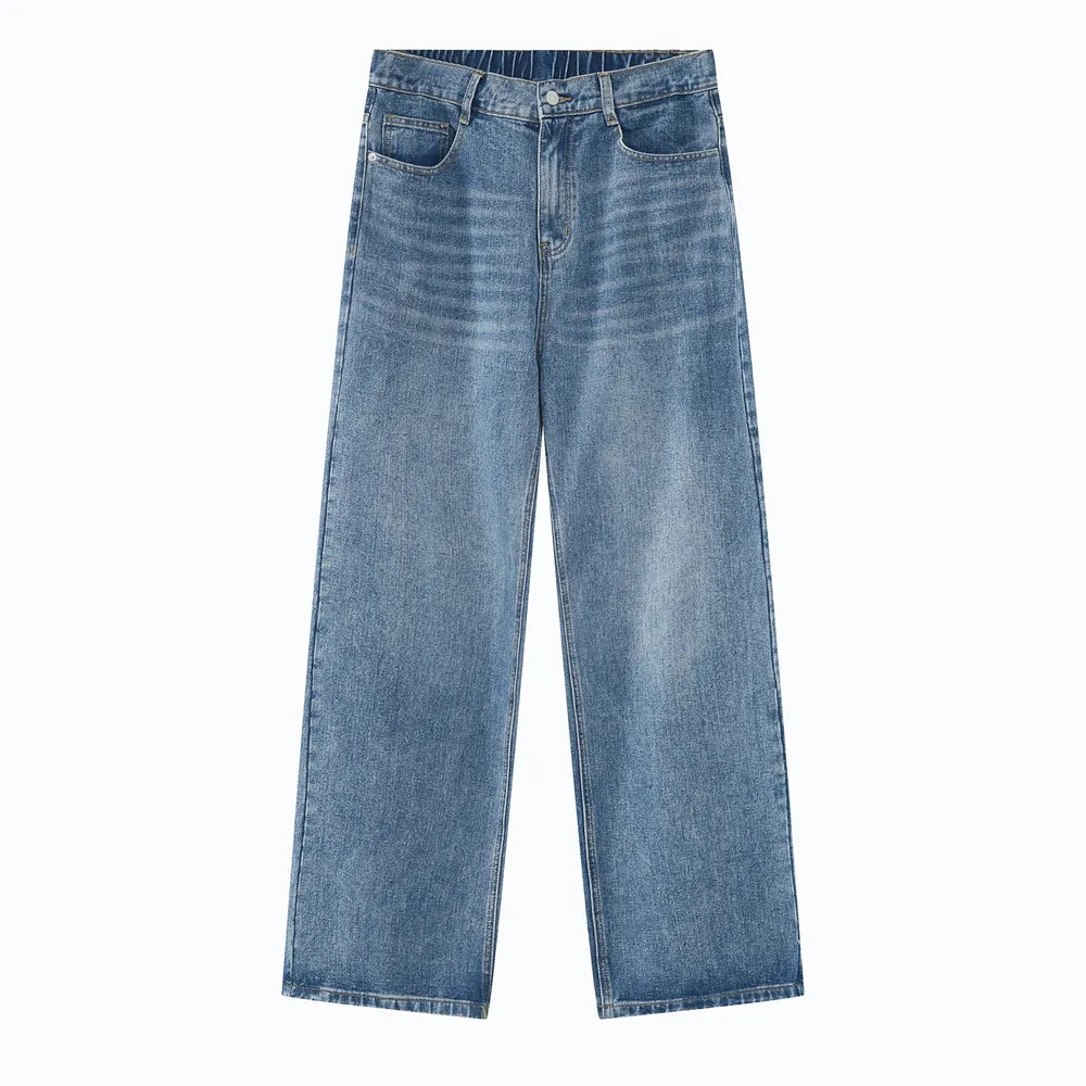 Light blue wide-leg denim trousers with elastic waist and classic five-pocket styling.