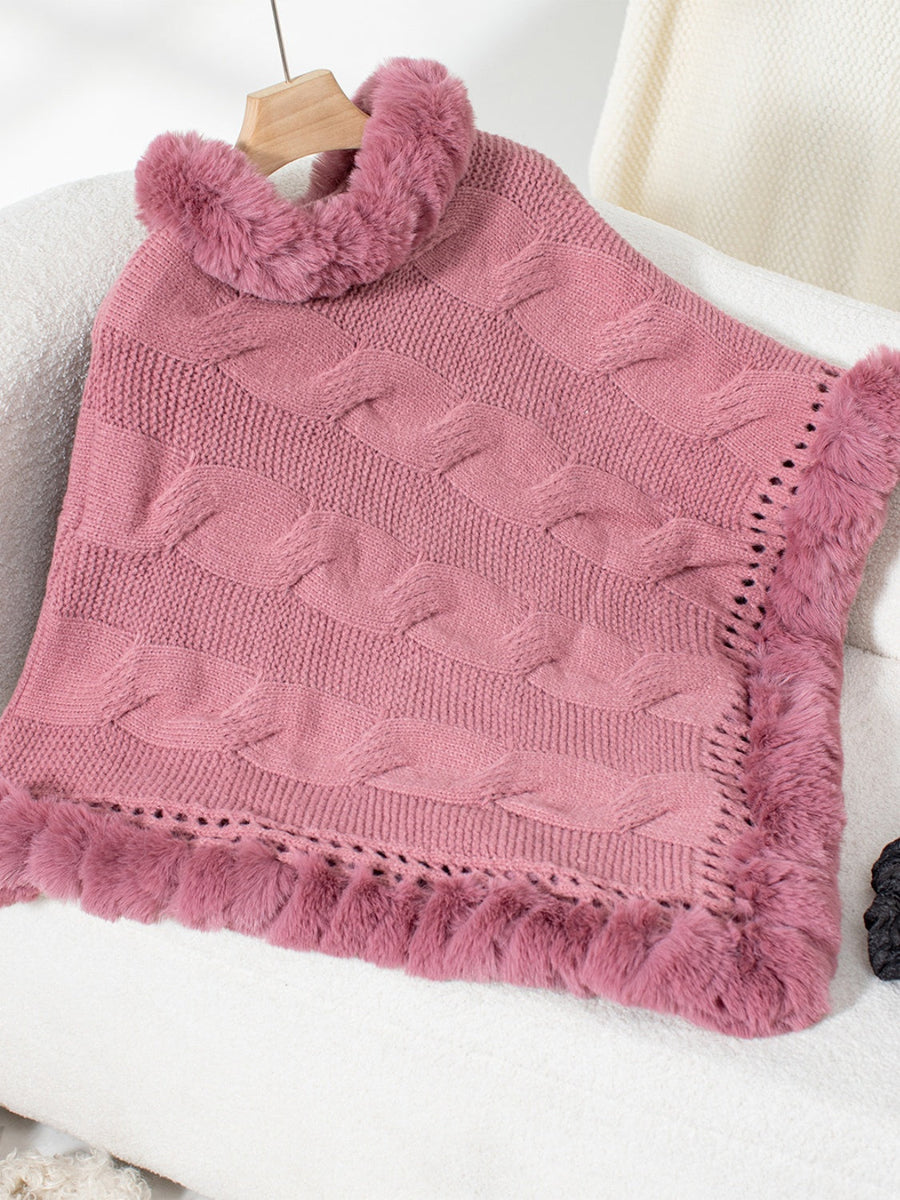 Dusty Pink cable knit poncho with faux fur trim and open knit detail