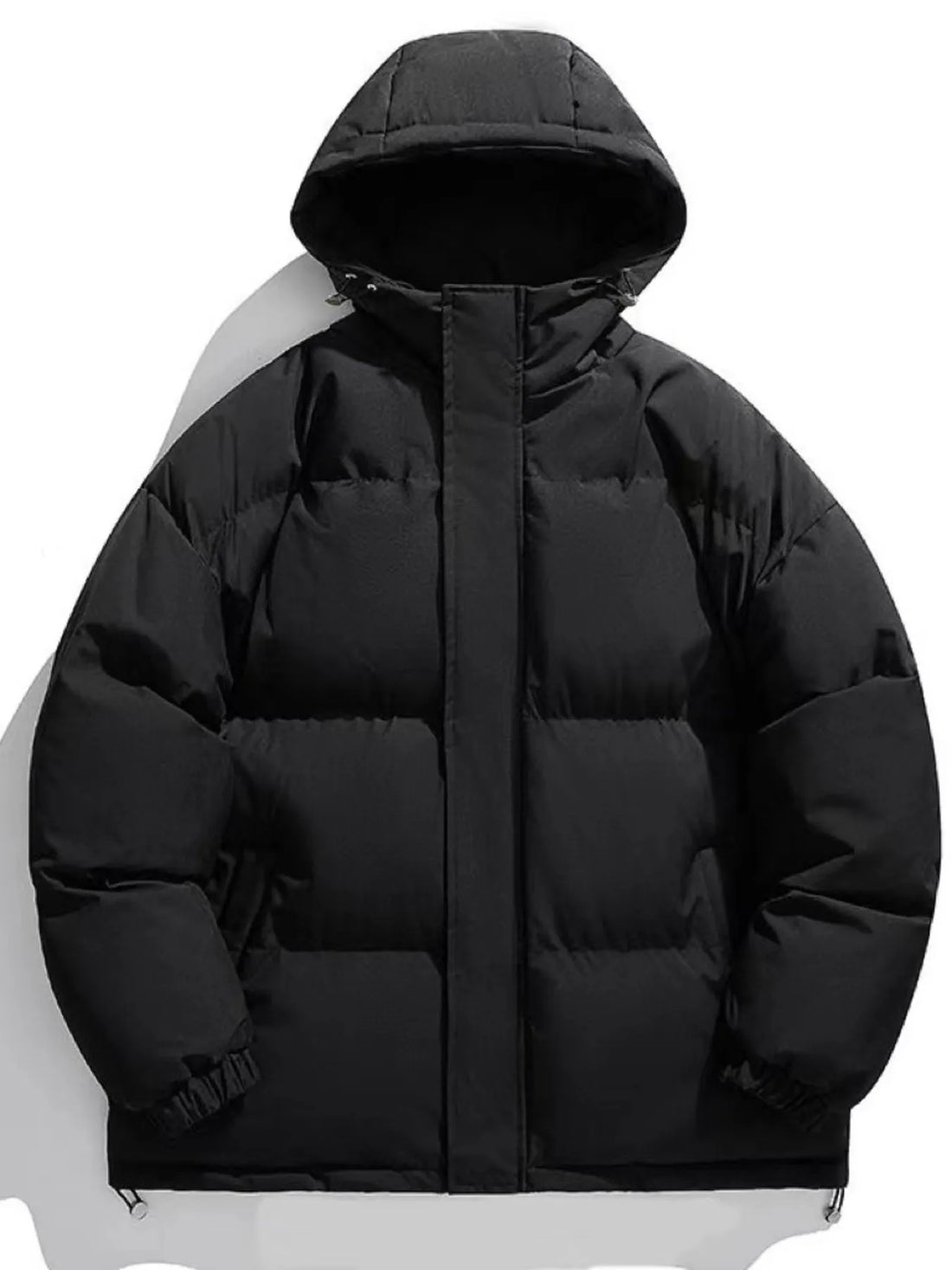 Black oversized hooded puffer jacket with zip closure and deep pockets
