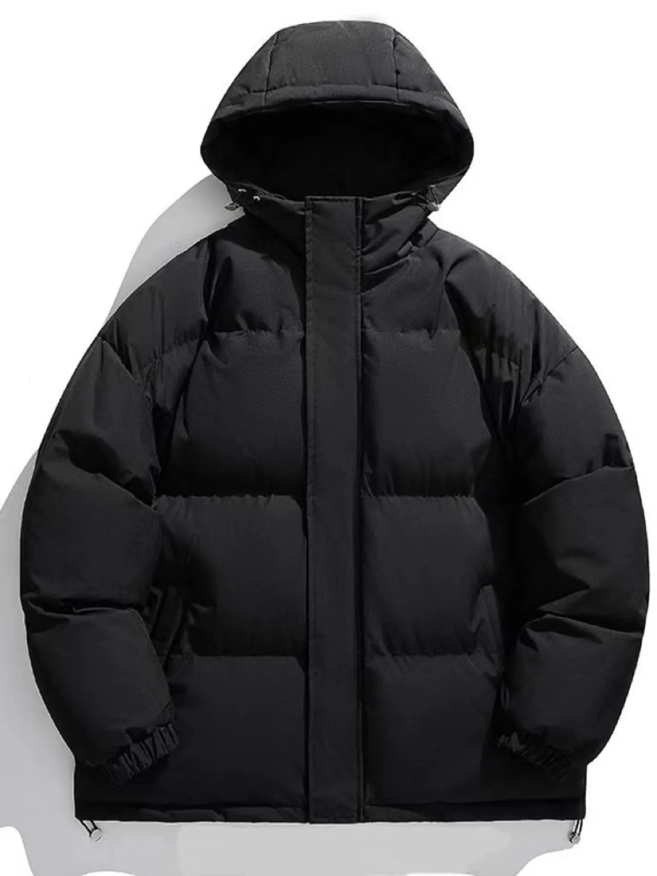 Black oversized hooded puffer jacket with zip closure and deep pockets