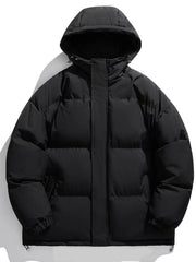 Black oversized hooded puffer jacket with zip closure and deep pockets