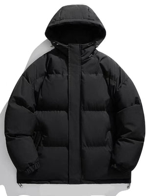 Black oversized hooded puffer jacket with zip closure and deep pockets