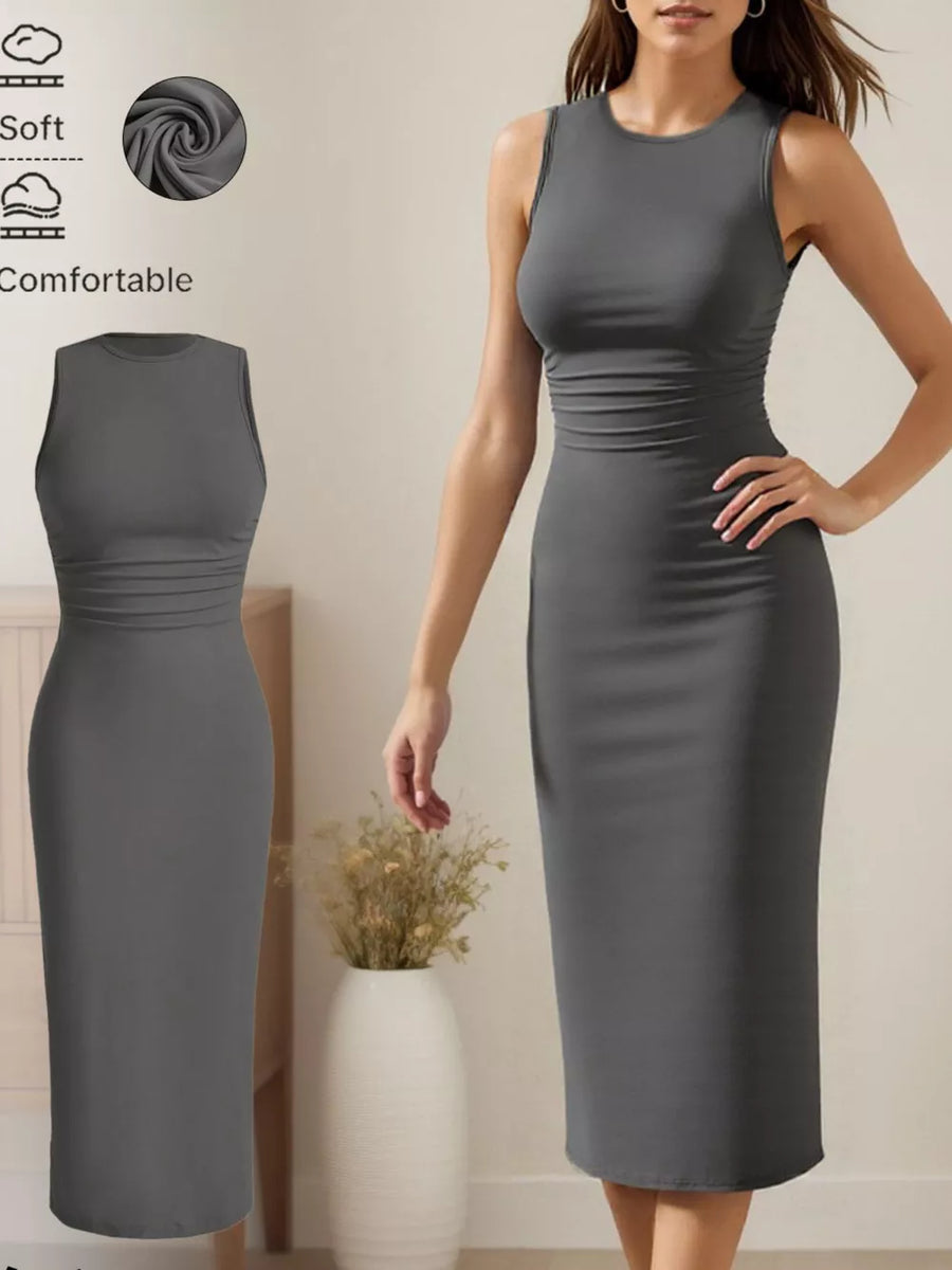 Sleeveless round neck grey midi dress with ruched waist detail