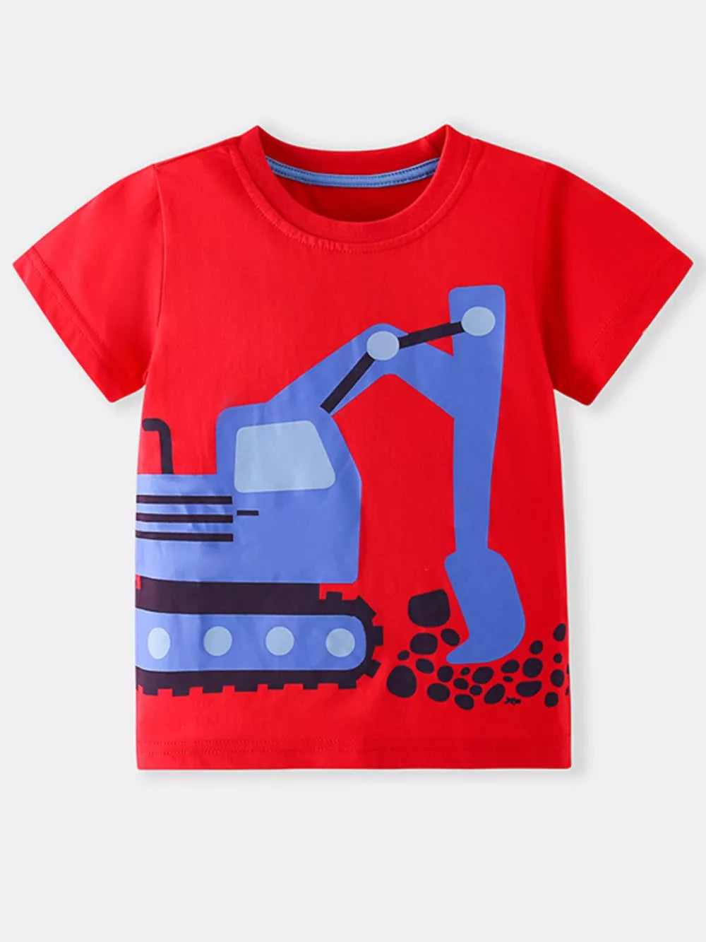 Red cotton t-shirt with blue excavator graphic for toddlers
