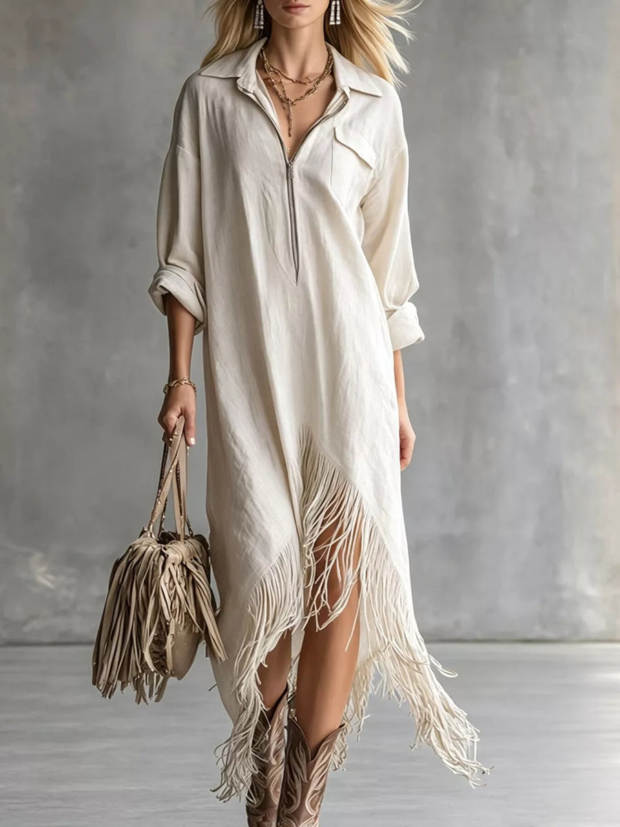 shirt dress in ivory featuring pocketed and relaxed fit