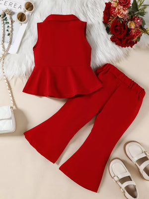 Red sleeveless peplum blazer and flare pants set for baby girls.