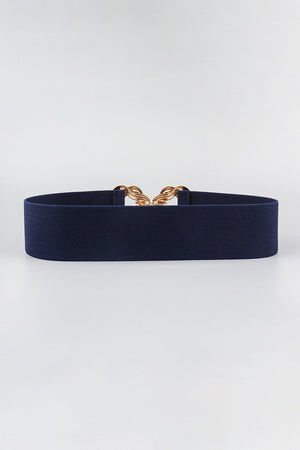 Dark blue braided stretch belt with gold chain knot buckle detail