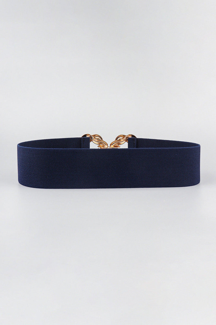 Dark blue braided stretch belt with gold chain knot buckle detail