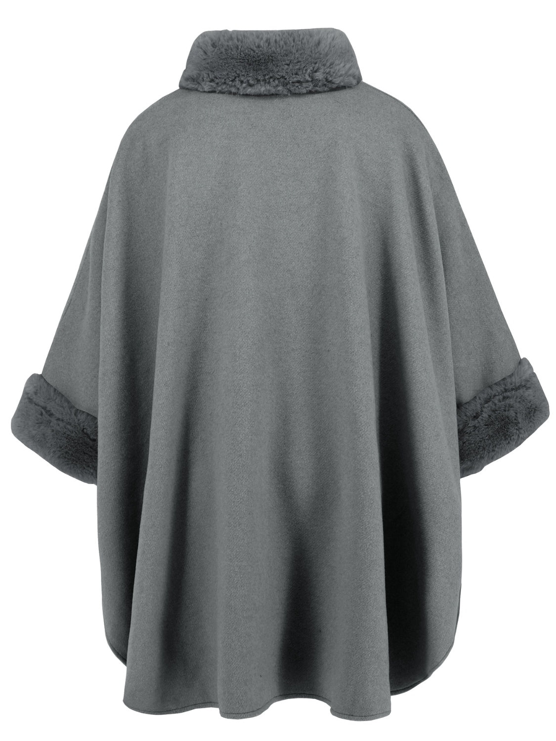 Gray cape coat with faux fur trim on collar and cuffs